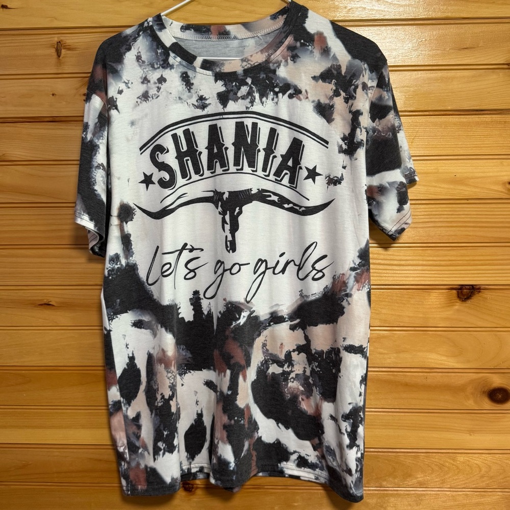 Shania Twain Let’s Go Girls Black White Brown Tie Dye Cowgirl Tee Large